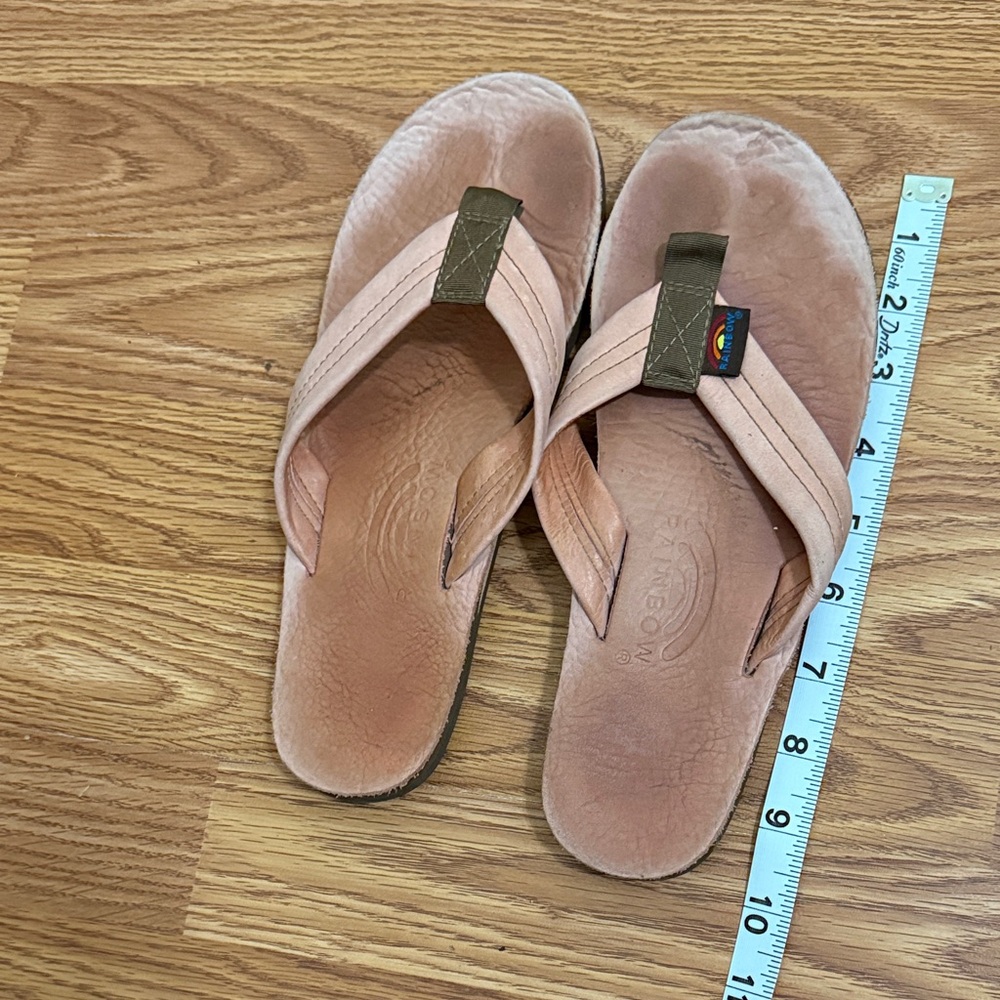 Rainbow Pink Suede Flip Flop Sandals with Olive Accents
